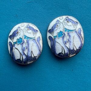 Blue and Silver Enamel Cat theme Clip on Oval Vtg Earrings Rare